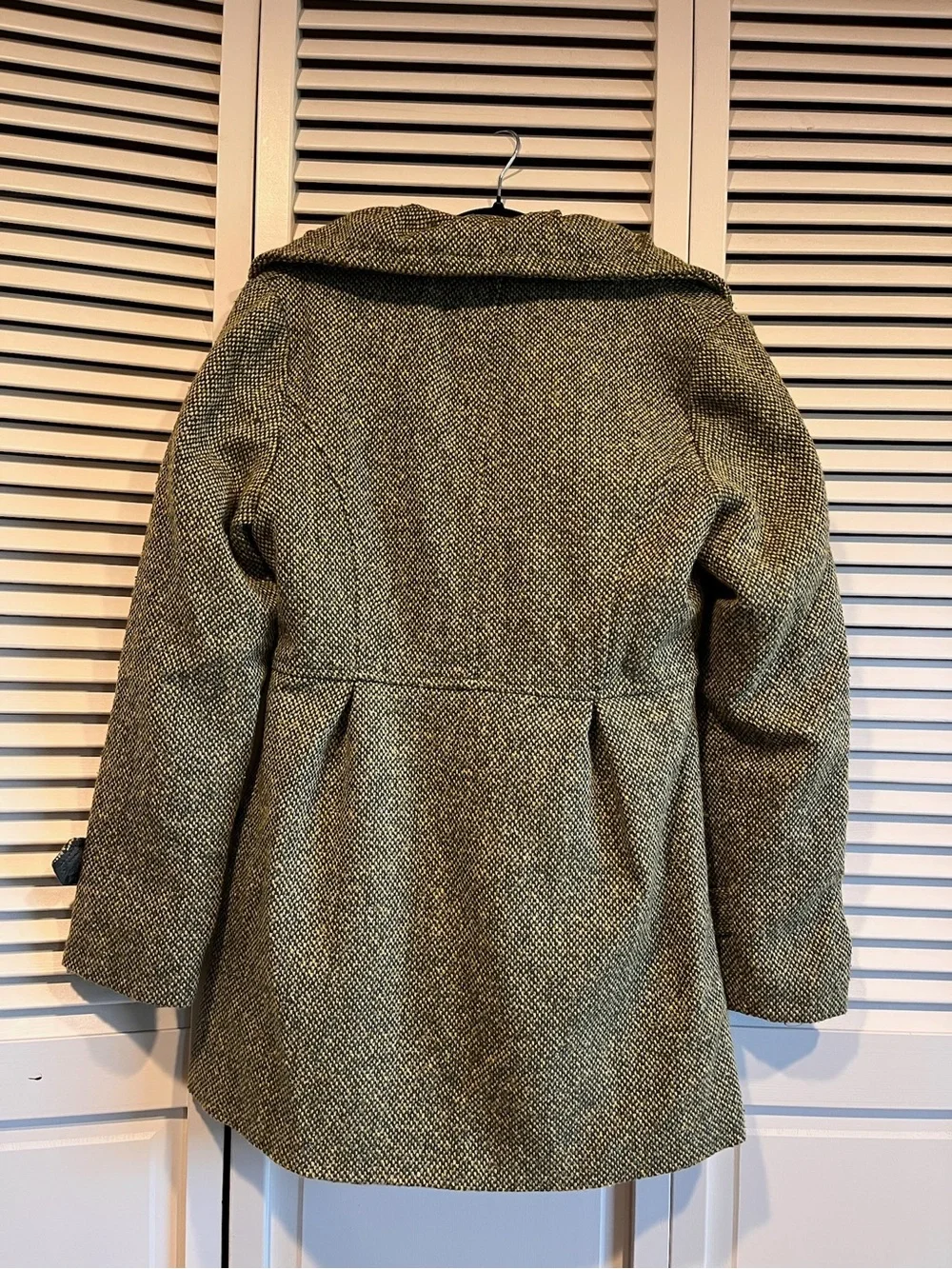 Papillon Blanc Olive Tweed Hooded Pea Coat with Green Buttons